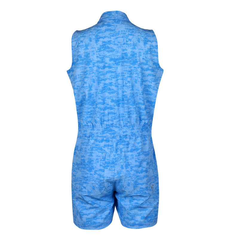 A product image of the back of a Turtles and Tees womens blue zip up polo romper