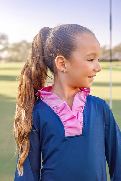 Girls Talia Long Sleeve Ruffle Golf & Tennis  Dress-Navy/Pink Dresses TurtlesAndTees   