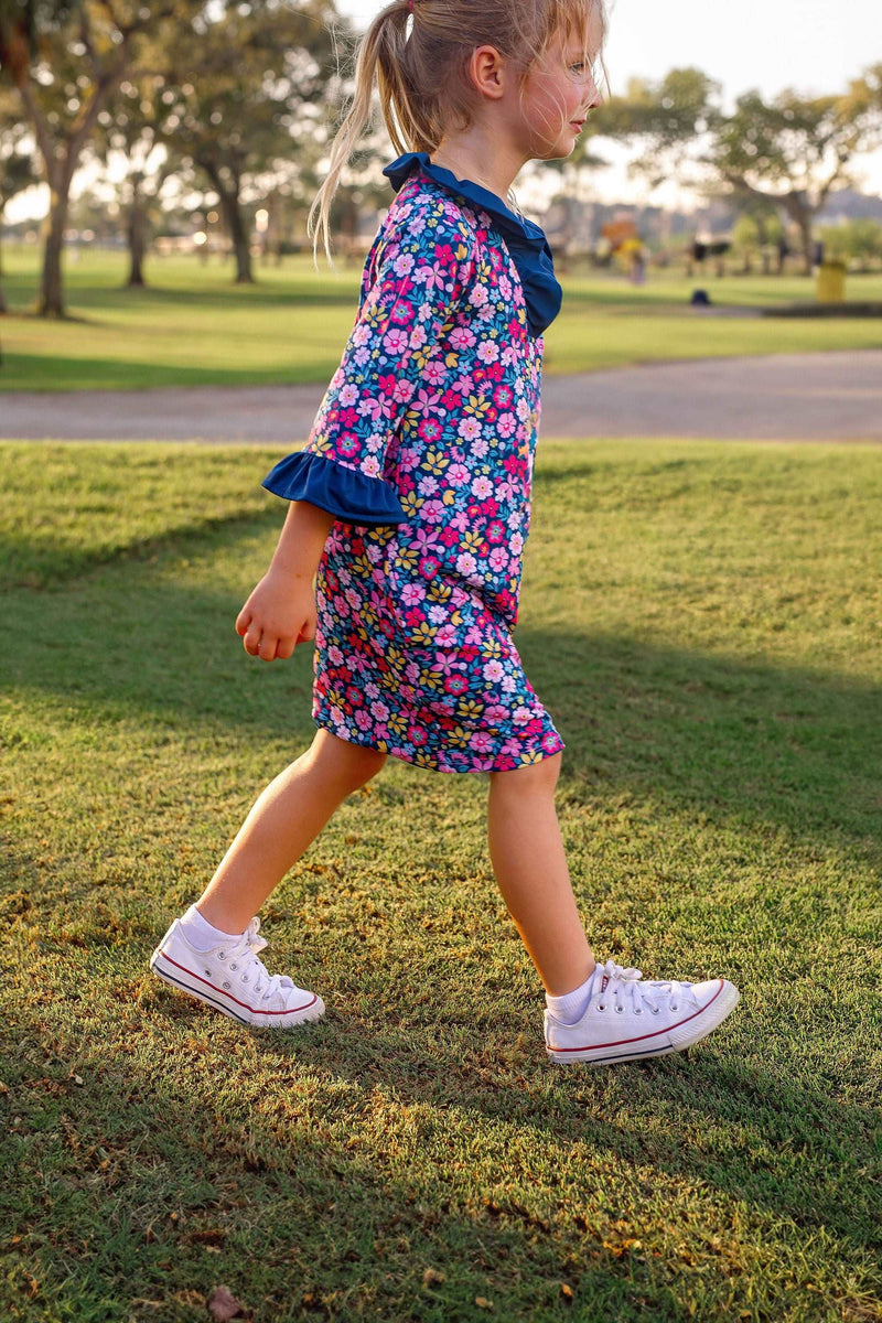 Girls Talia Long Sleeve Ruffle Golf & Tennis  Dress-Flower Power Navy Dresses TurtlesAndTees   