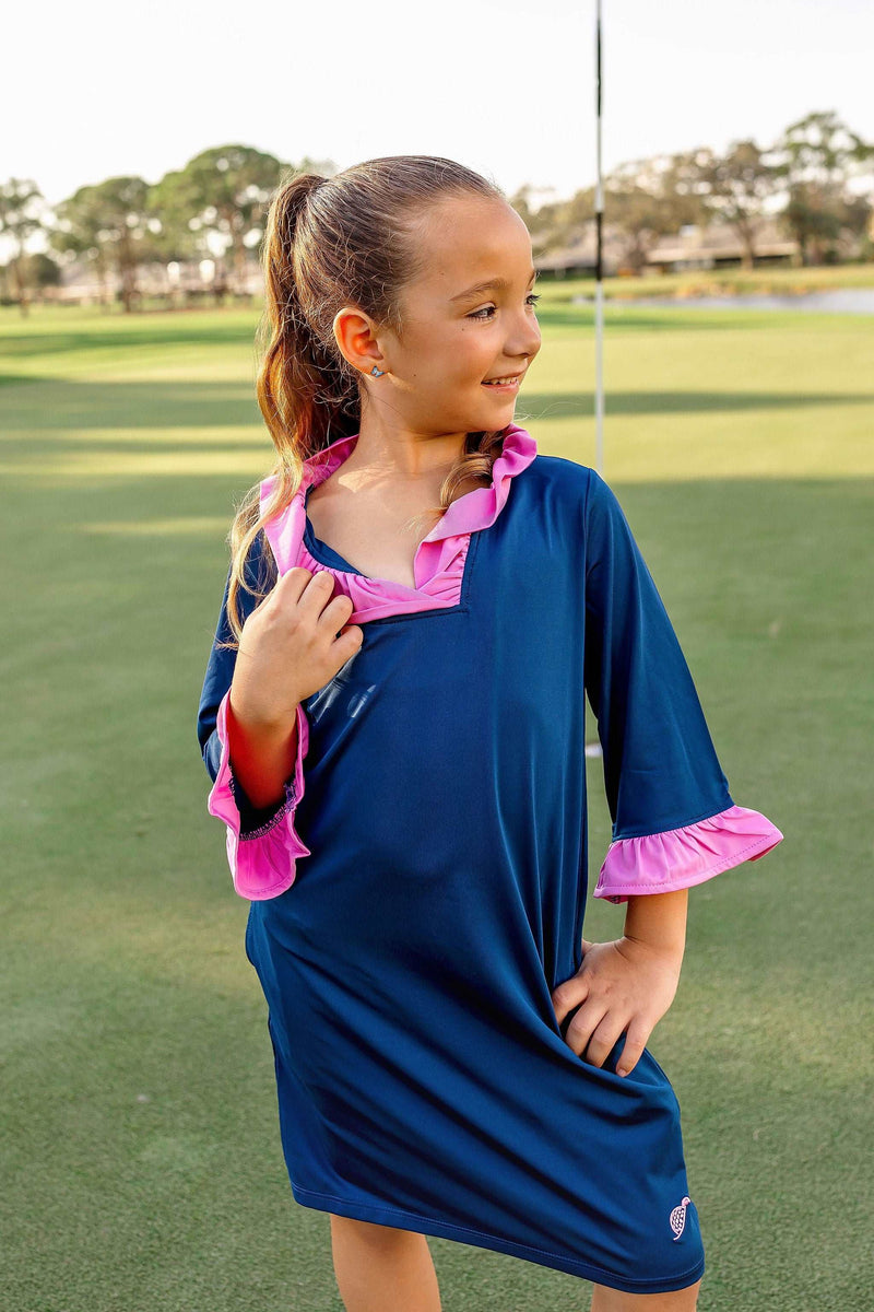 Girls Talia Long Sleeve Ruffle Golf & Tennis  Dress-Navy/Pink Dresses TurtlesAndTees   