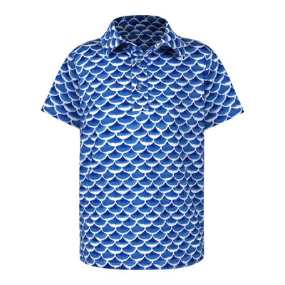a Turtles and Tees white and blue fish print golf polo