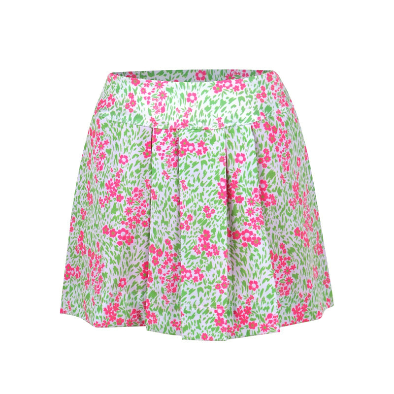 A product image of a pink and green floral golf skort