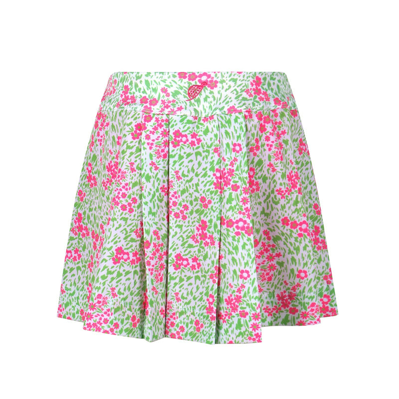 A product image of a pink and green floral golf skort