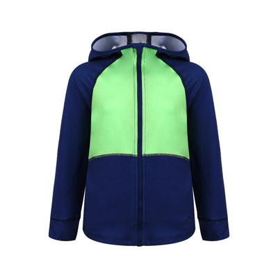 The front side of a Turtles and Tees kids navy blue and green zip up golf hoodie