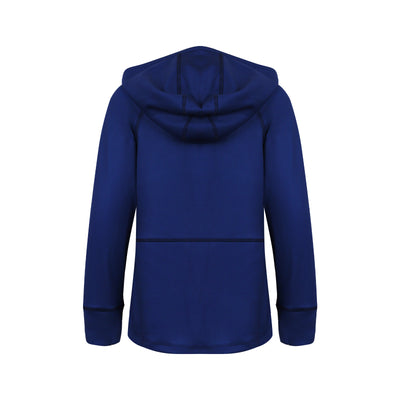 The back side of a Turtles and Tees kids navy blue and green zip up golf hoodie