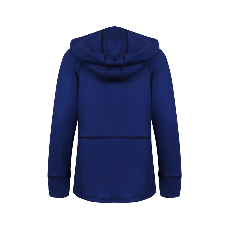 The back side of a Turtles and Tees kids navy blue and green zip up golf hoodie