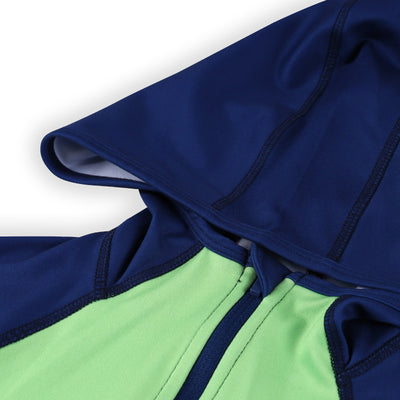Hood detail of a kids Turtles and Tees green and blue zip up golf hoodie