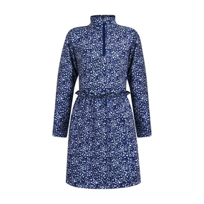 Turtles and Tees long sleeve floral blue golf dress over a white background