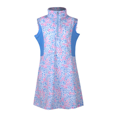 A product image of a Turtles and Tees pink and blue floral golf dress with a mock neck