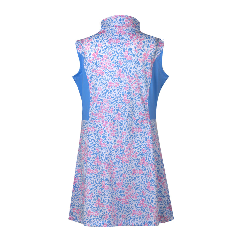 The back side of a pink and blue mock neck golf dress