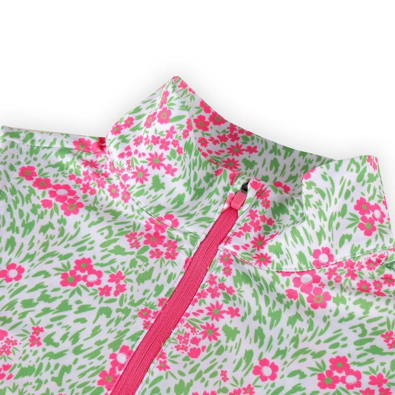 A pink and green floral quarter zip collar