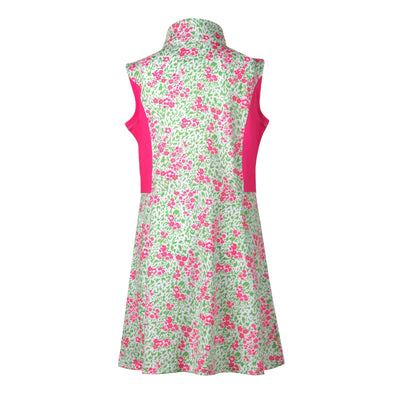 The back side of a pink and green floral golf dress