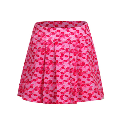 A Turtles and Tees girls' skort with a geometric pattern in pink shades, featuring a pull-on waistband and attached mesh short with pockets.