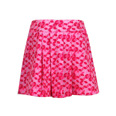 A geometric print Turtles and Tees girls golf skort in pink shades over a white background.