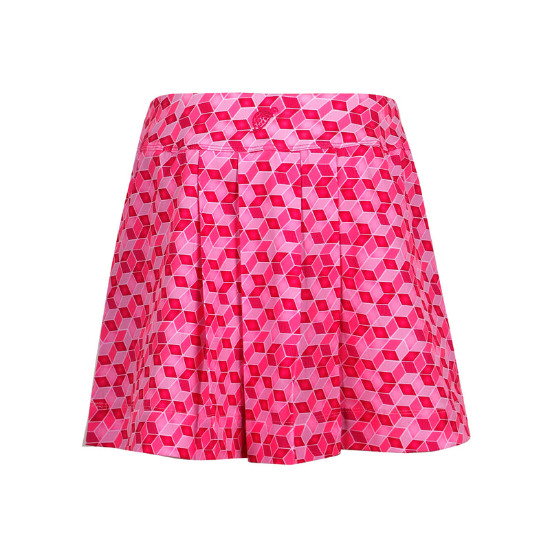 A geometric print Turtles and Tees girls golf skort in pink shades over a white background.