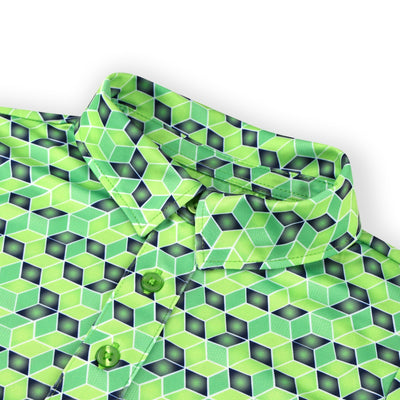 Collar detail of a Turtles and Tees green geometric print boys golf polo