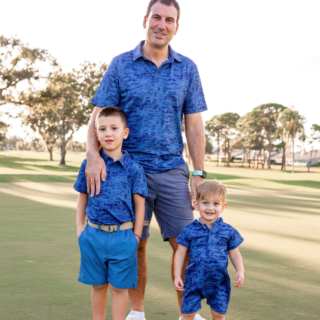 Three people modeling matching father son shirts - Turtles and Tees navy blue print polos