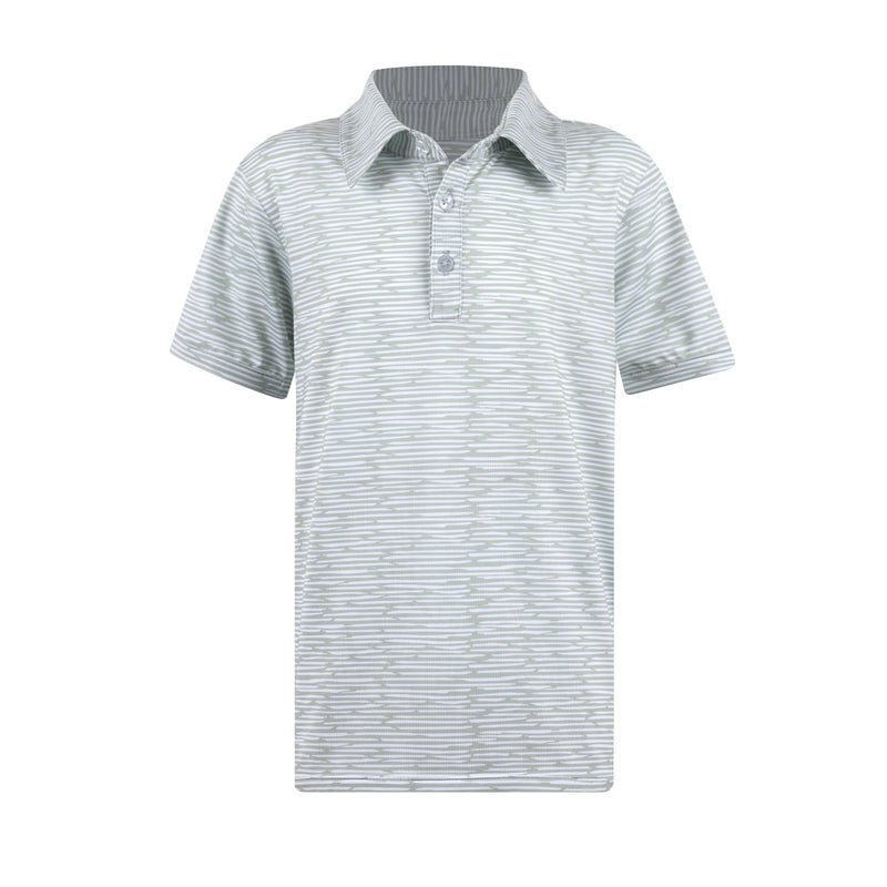 A boys light green and white striped performance polo shirt