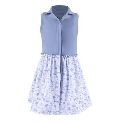 Girl's blue polo dress with a white and blue patterned skirt.