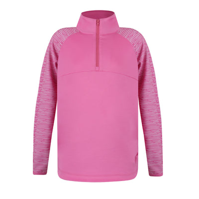 A girl's pink quarter zip top, with long sleeves that have a stripe pattern on them.