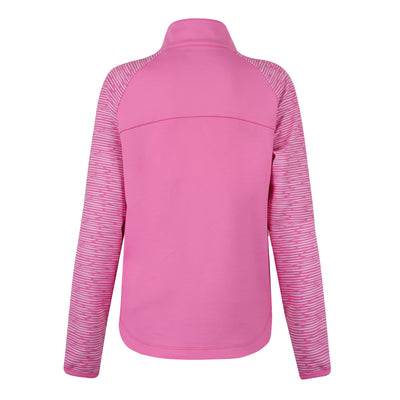 A girl's pink quarter zip top, with long sleeves that have a stripe pattern on them.