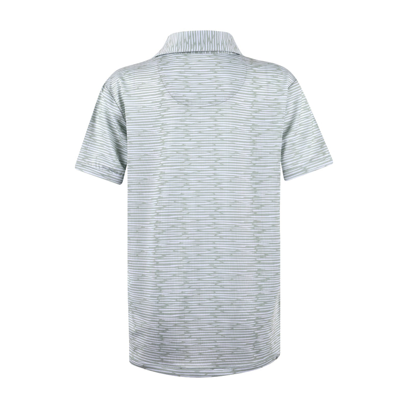 A boys light green and white striped performance polo shirt
