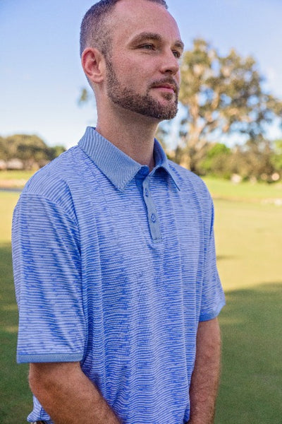 Men's light blue and white stripe pattern polo shirt
